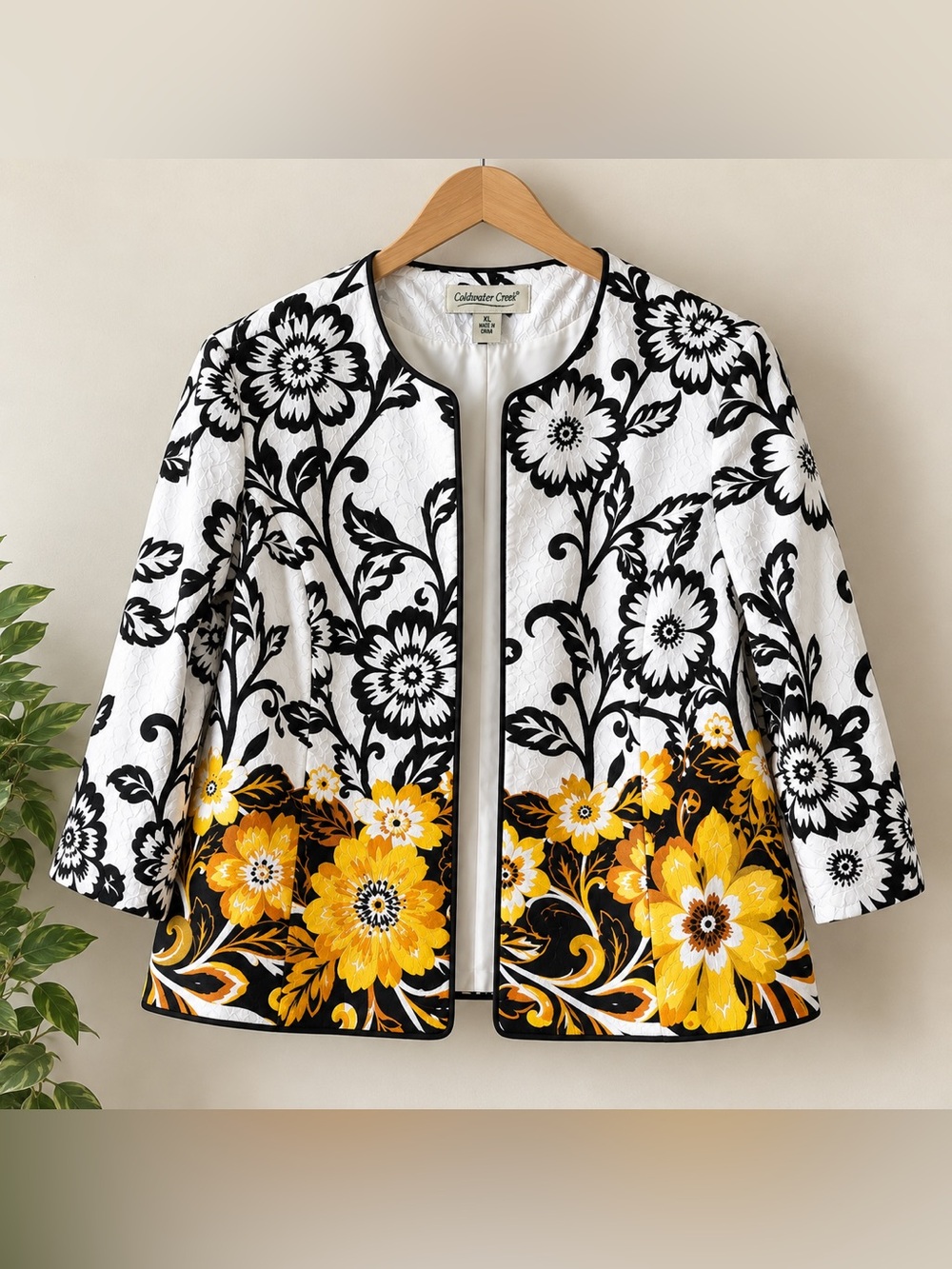 Coldwater Creek White Black & Yellow Floral Collarless Jacket XL